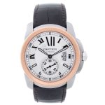 Cartier Calibre Acero y Oro Rosa con Cuero Negro Fondo Blanco Automático