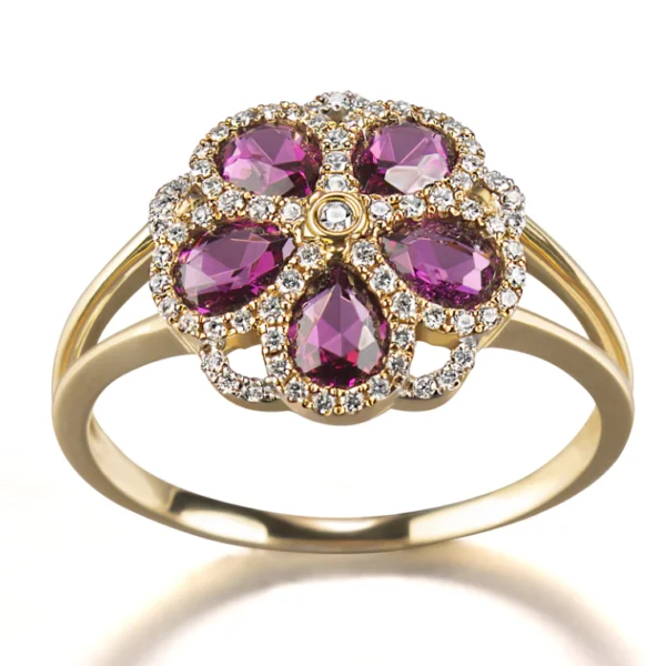 Anillo Jolie Fleur Oro amarillo y blanco 18kts brillante y rodolita