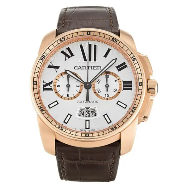 Cartier Calibre Oro Rosa y Cuero Marron Chrono Fondo Blanco Automático - Imagen 1