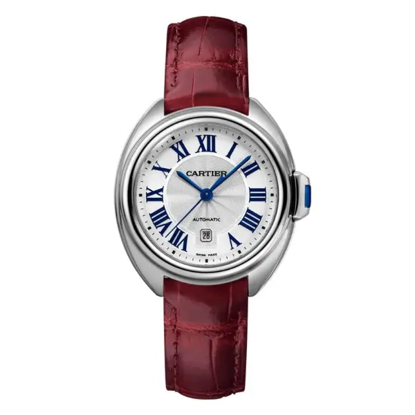 Cartier Cle 31mm Acero y Cuero Rojo Automático Fondo Blanco