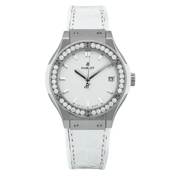 Hublot Classic Fusion 33mm en Titanio con Diamantes y Correa Blanca