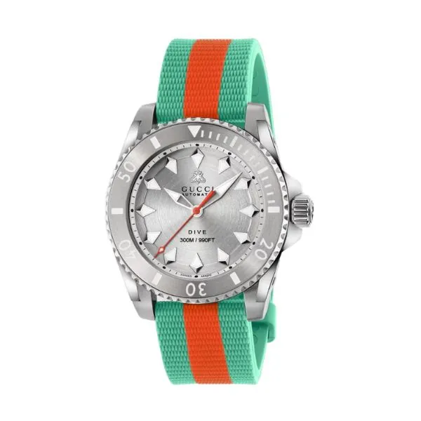 Gucci Dive AUTO 40mm con Correa de Caucho Verde y Naranja